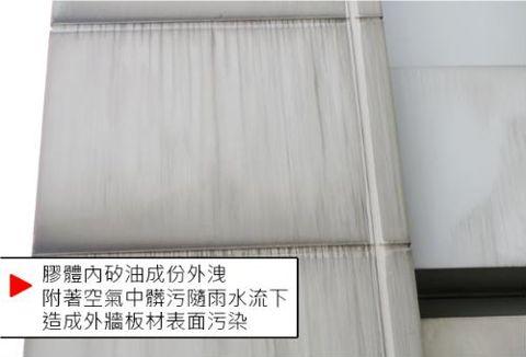 膠體內矽油成份外洩，附著空氣中髒污隨雨水流下，造成外牆板材表面污染