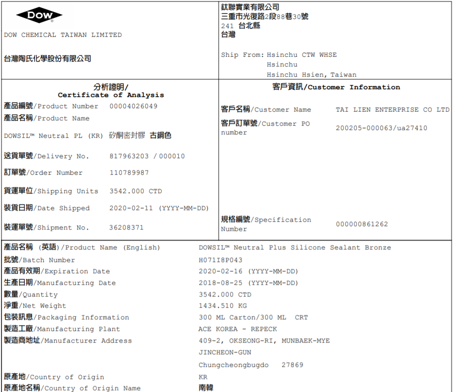 出廠批號查詢範例：分析證明／Certificate of Analysis
